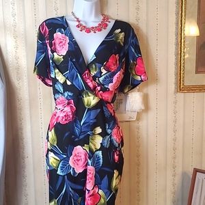 Black MIDI DRESS with Floral Print, Layered V Neck